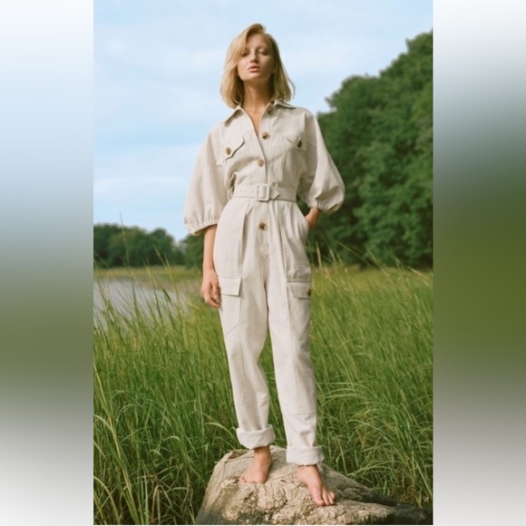 Divine Heritage Pants - Divine Heritage Princess Cotton Linen Cargo Puff Sleeve Jumpsuit‎ Tan Size Small